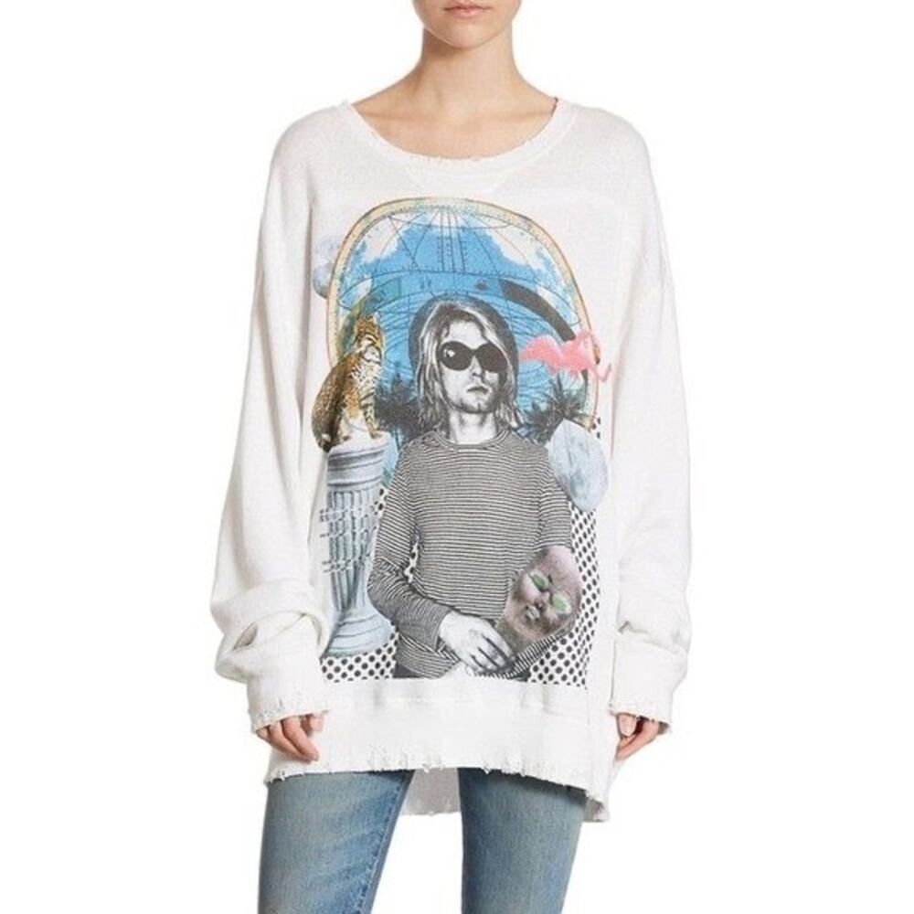 R13 Sweatshirt XS Kurt Cobain Graphic Oversized Distressed White Long-Sleeve